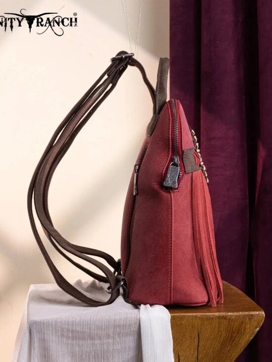 Trinity Ranch Aztec Tooled Fringe Concealed Carry Backpack Burgundy main image 4
